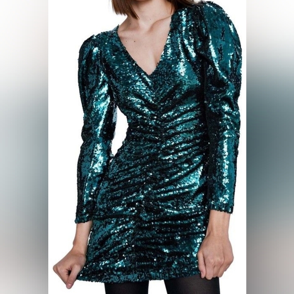 Zara Green Sequin Puff Sleeve Draped Bodycon Mini Long Sleeve Ruched Size XS - Picture 2 of 16
